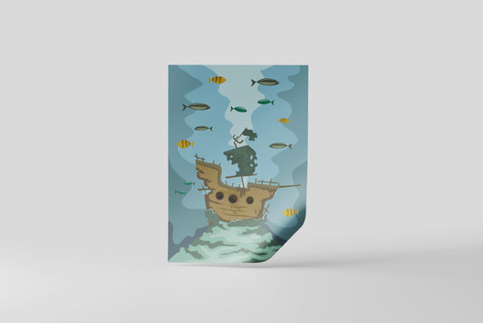 Print Boat Sunken Ship Cartoon Illustration 60x90cm