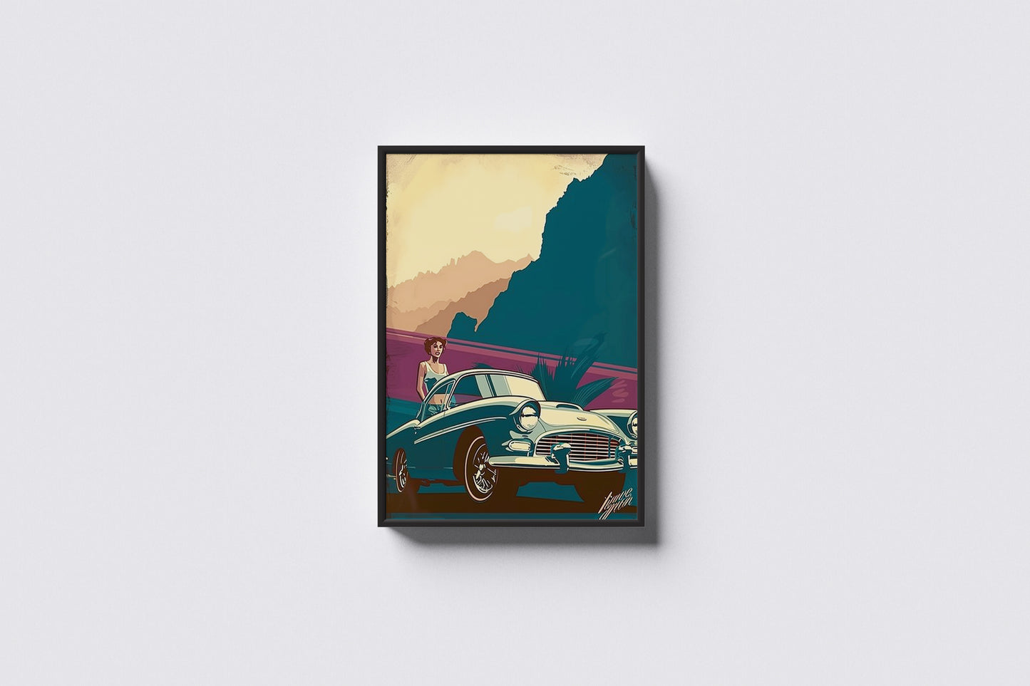 Print Sports Car Green Side View & Woman Retro Illustration 32x43cm