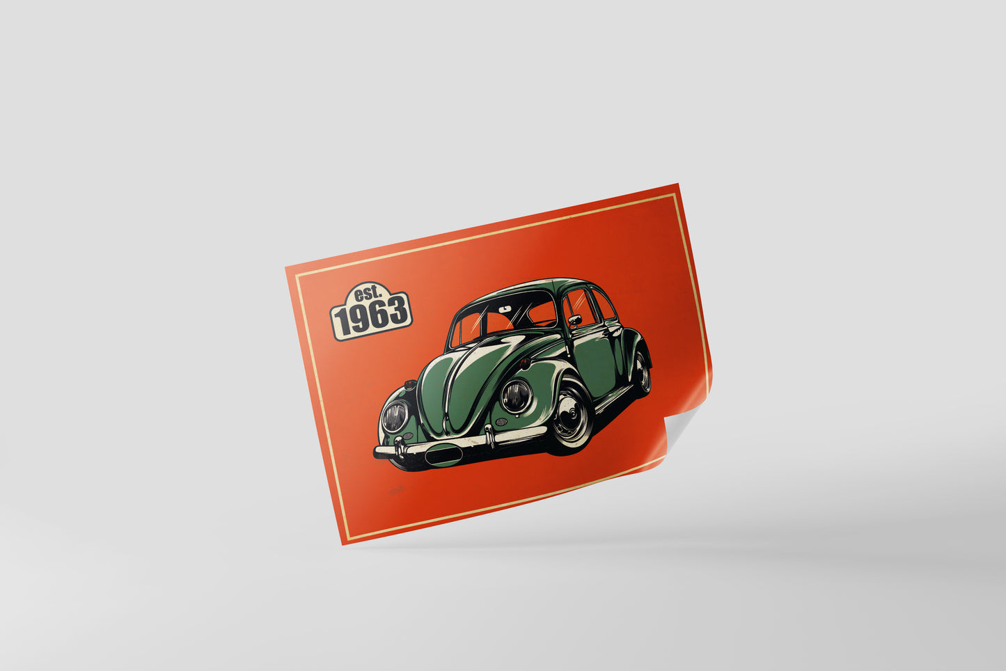 Print Sports Car Green Beetle Orange Retro Illustration 42x30cm