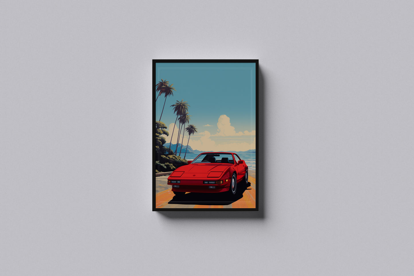 Print Sports Car Red Miami Beach Retro Illustration 60x90cm