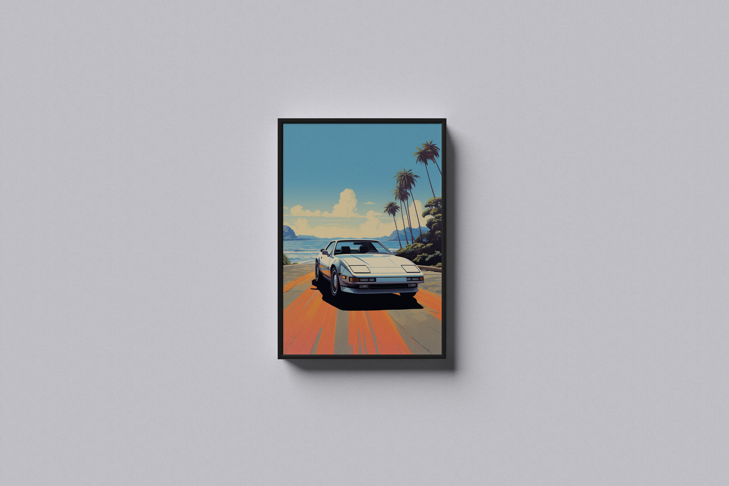 Print Sports Car White Beach Retro Illustration 60x90cm