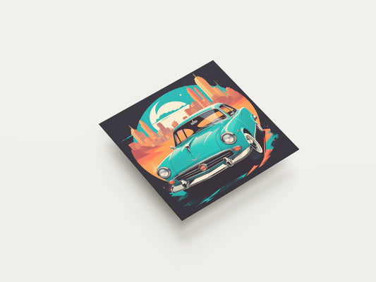 Print Sports Car Turquoise City Night Retro Illustration 36x36cm