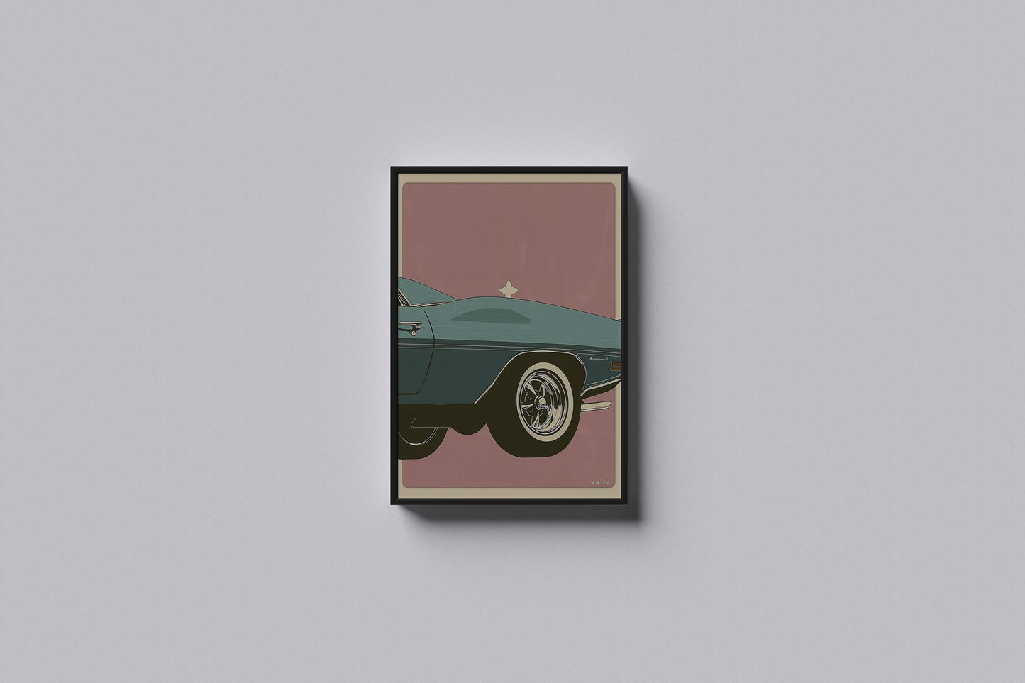 Print Sports Car Turquoise Car Tire Retro Illustration 32x43cm