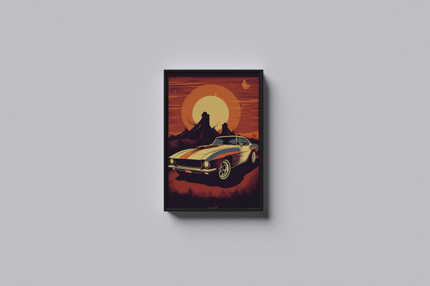 Print Sports Car White Orange Lines Desert Retro Illustration 31x47cm