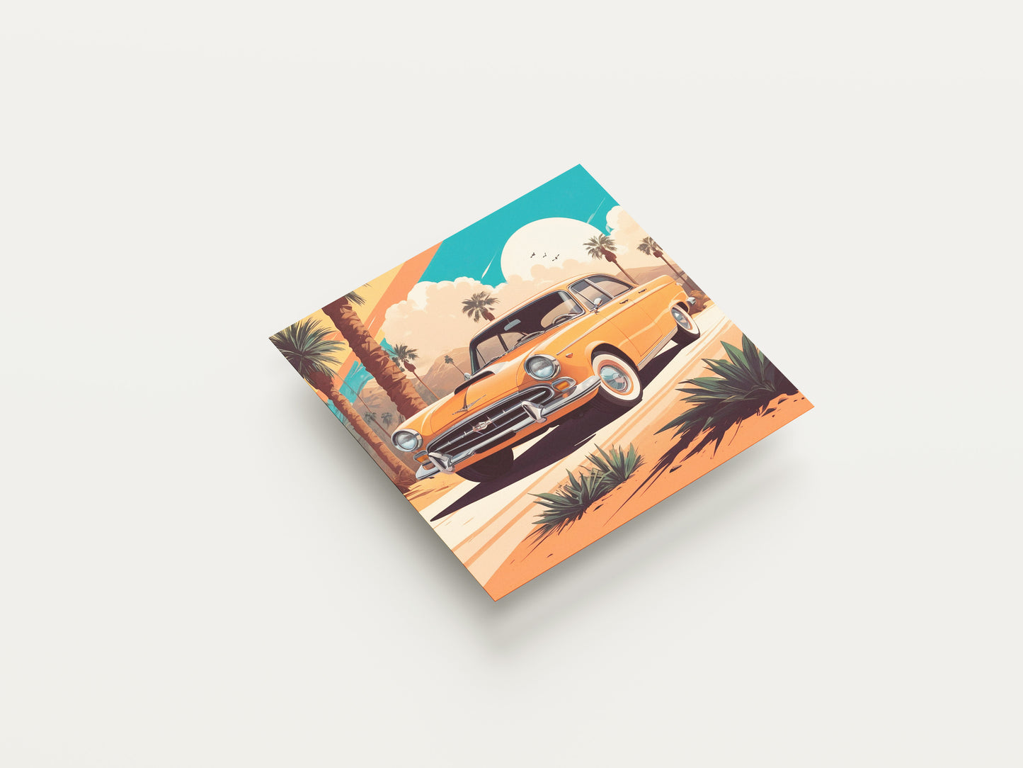 Print Sports Car Yellow & Palms Retro Illustration 36x36cm