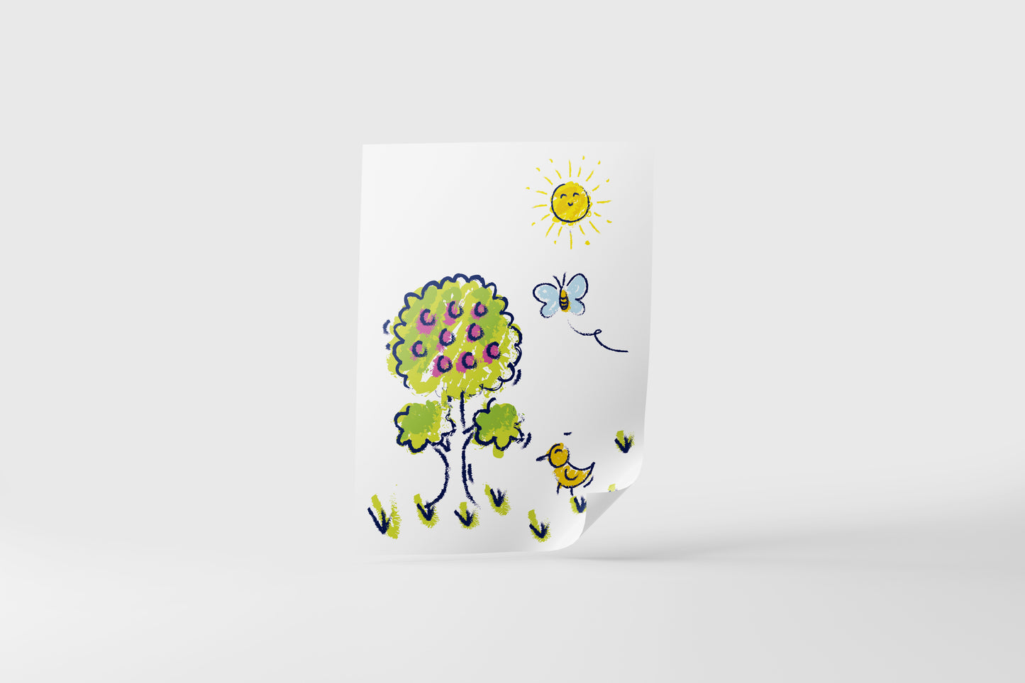 Print Child's Drawing Apple Tree Bird & Butterfly Illustration 21.5x28cm