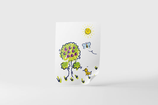 Print Child's Drawing Apple Tree Bird & Butterfly Illustration 21.5x28cm