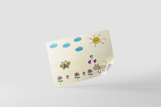 Print Child's Drawing Cat & Butterfly With Flowers Illustration 28x21.5cm