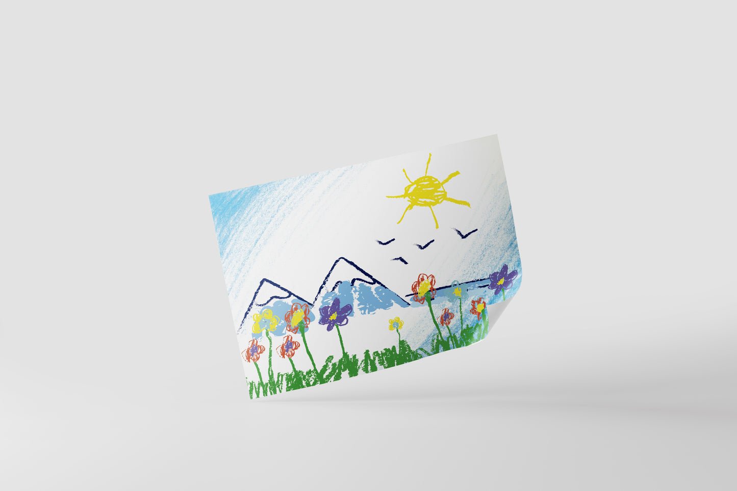 Print Child's Drawing Mountains Flowers Illustration 28x21.5cm