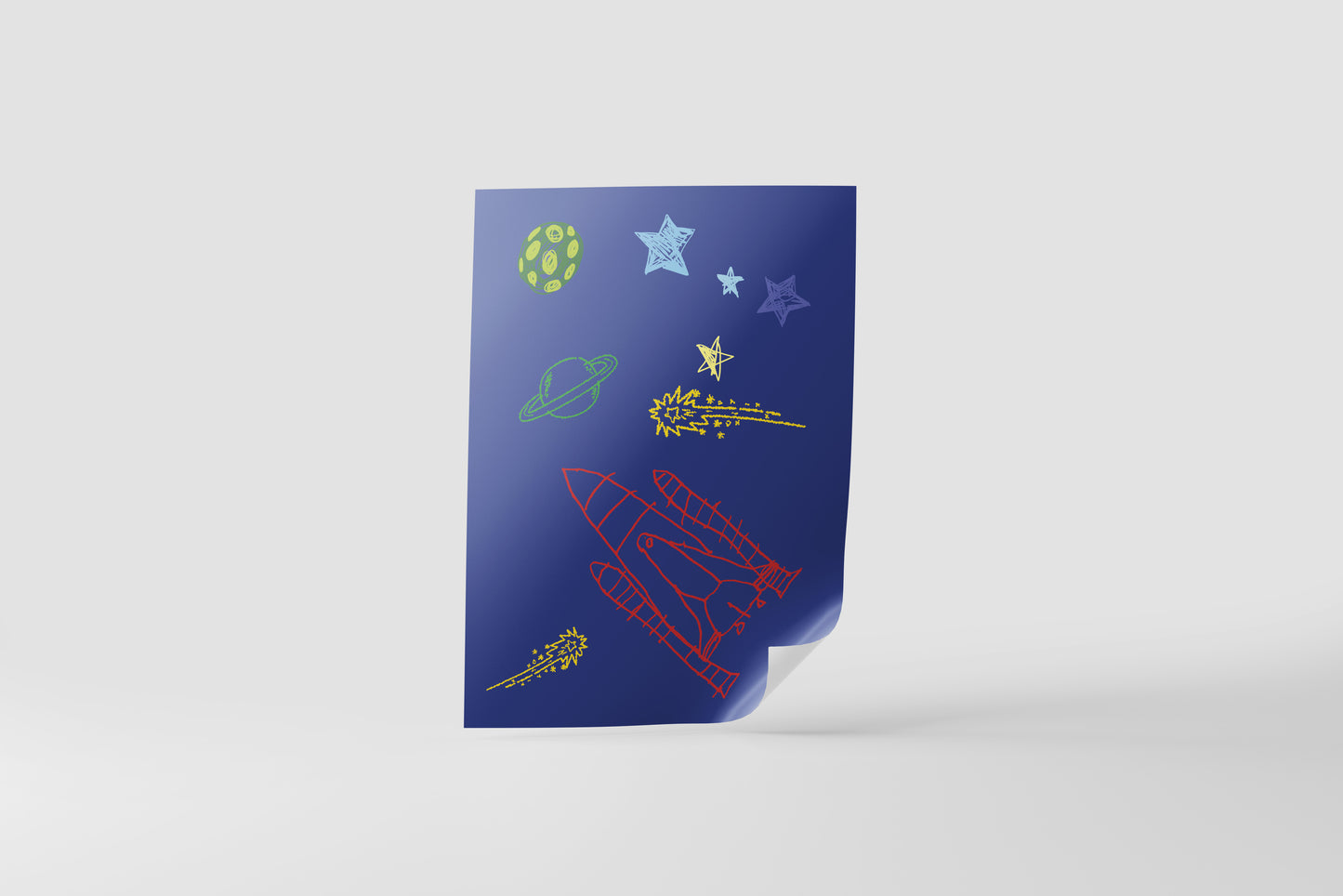 Print Child's Drawing Spaceship Stars Illustration 21.5x28cm
