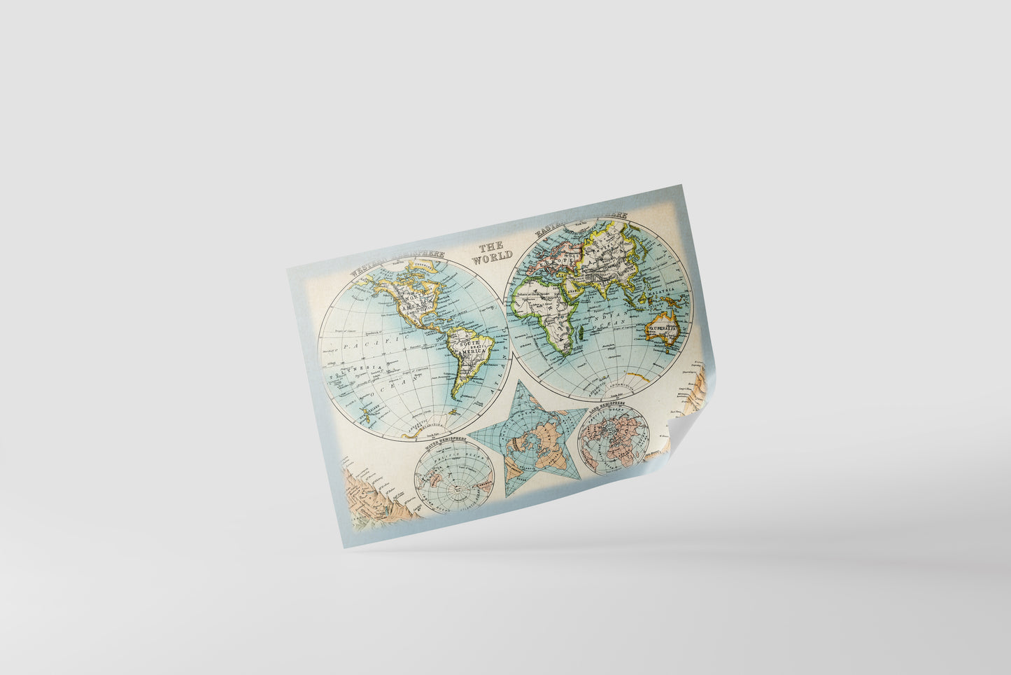 Print Map World Color Hemisphere Vintage Illustration 294x218cm