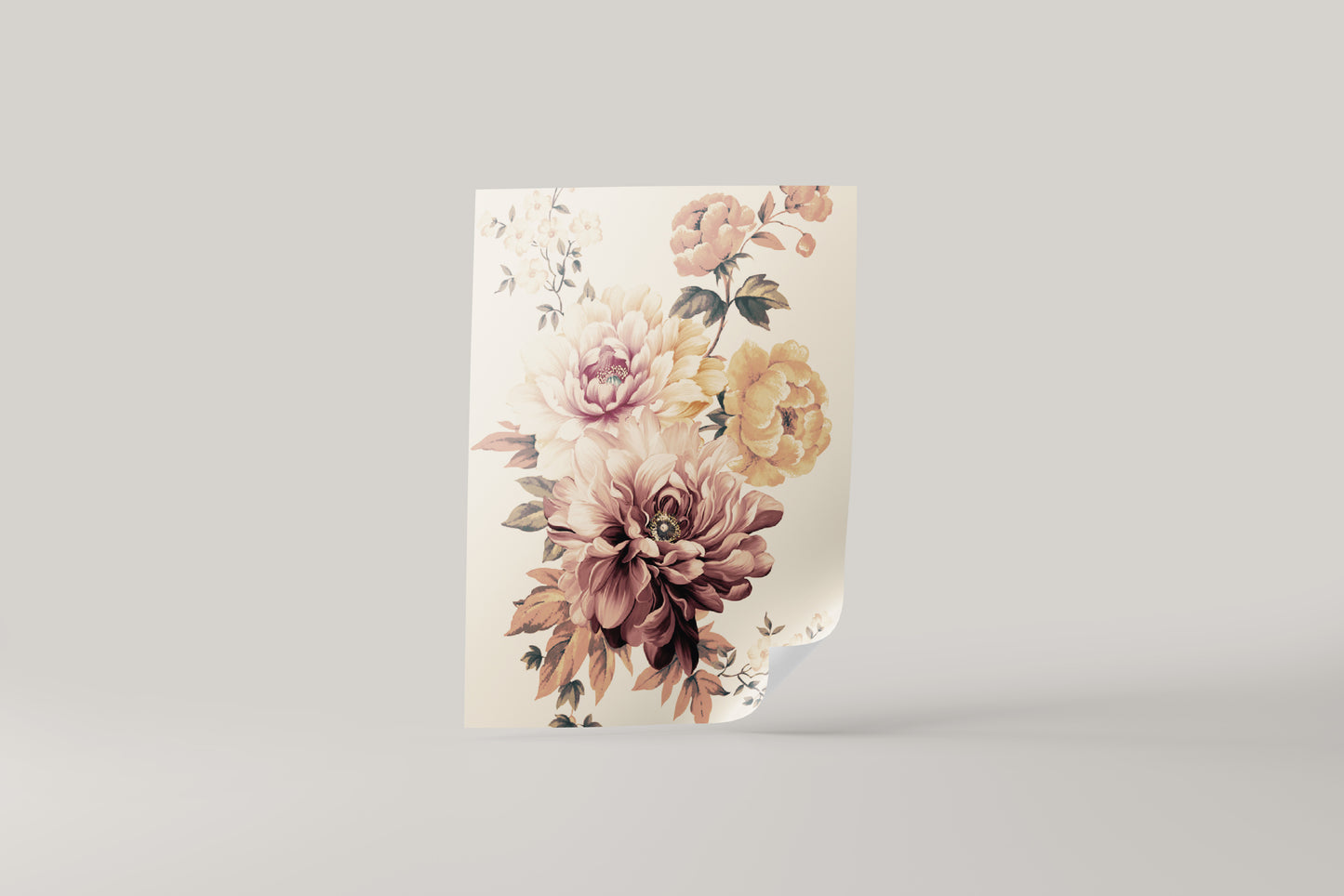 Print Nature Peony Flower Pink Yellow Vintage Paint 35x44cm