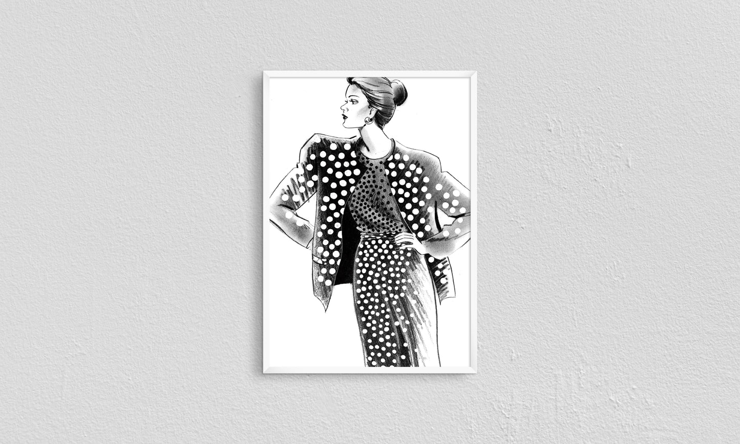 Print Woman Black & White Dots Fashion Illustration 60x90cm
