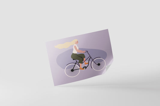 Print Woman Riding Bicycle Cartoon Illustration 40x35cm