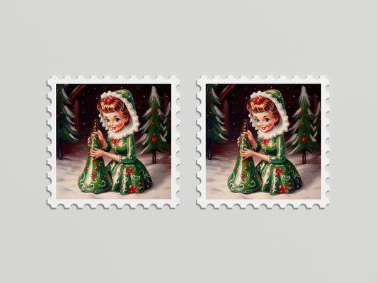 Print Xmas Female Elf Porcelain Vintage Illustration 36x36cm