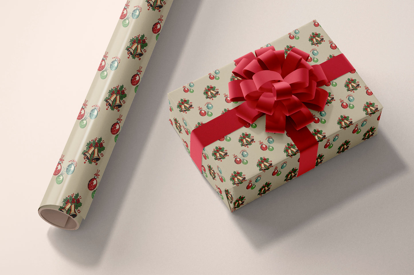 Print Xmas Festive Pattern Envelope Bells Beige Wrapping Paper 70x50cm