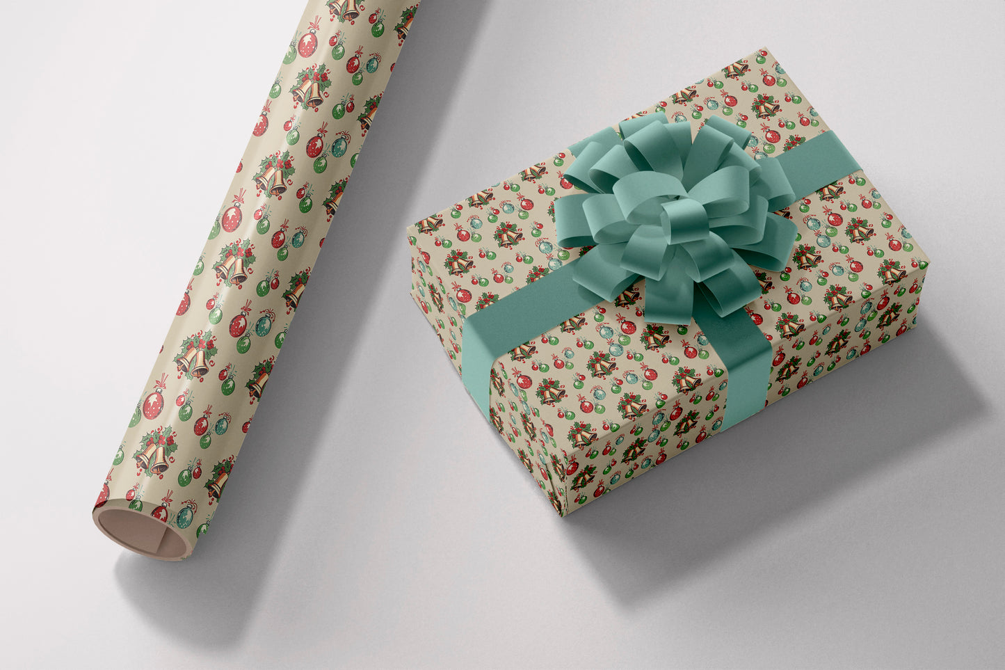 Print Xmas Festive Pattern Envelope Bells Ornaments Beige Wrapping Paper 70x50cm