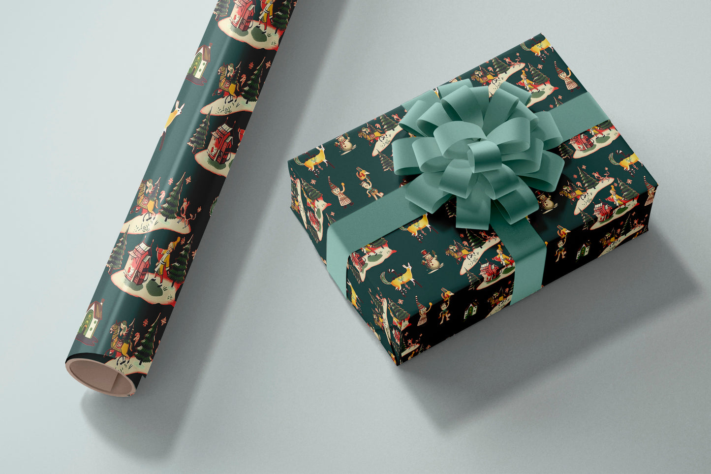 Print Xmas Festive Pattern Envelope Toys Green Wrapping Paper 70x50cm