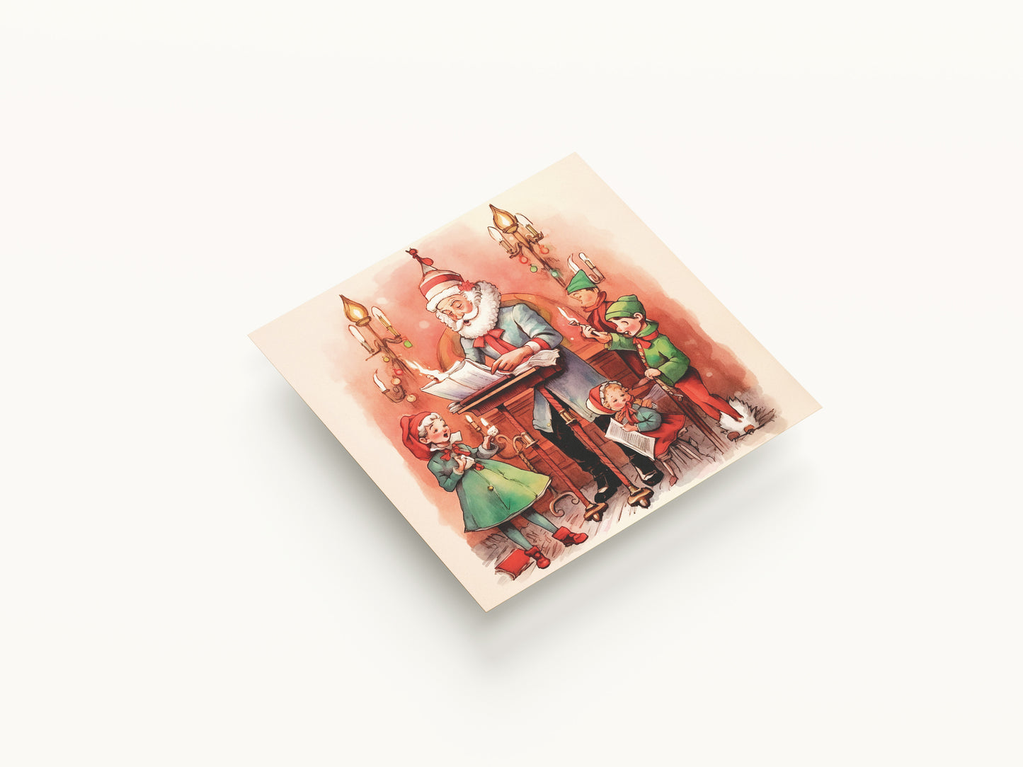 Print Xmas Santa Elves Singing Vintage Illustration 36x36cm