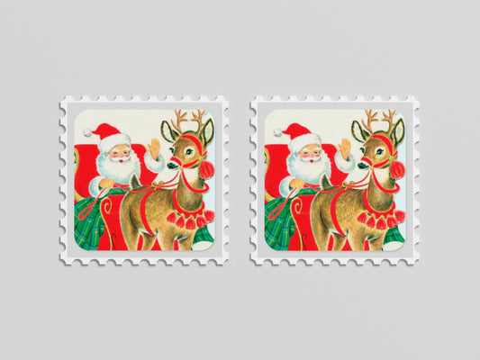 Print Xmas Santa & Reindeer Vintage Illustration 9x9cm