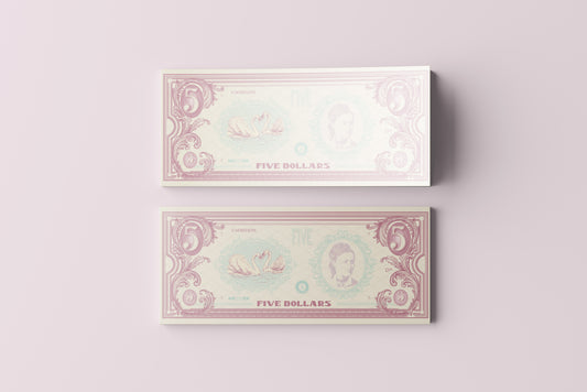 Prop Banknotes Five Dollars ArtNouveau Woman 14.6x6.2cm