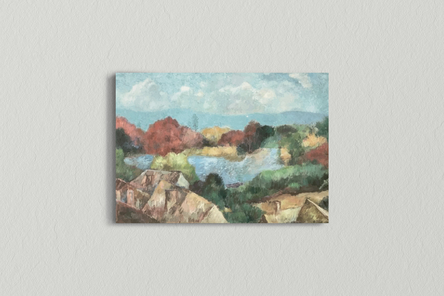 Print Nature Landscape Lakeside Village Paint 80x50cm