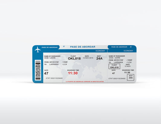 Prop Airport Boarding Pass Ticket 26.4x10.8cm