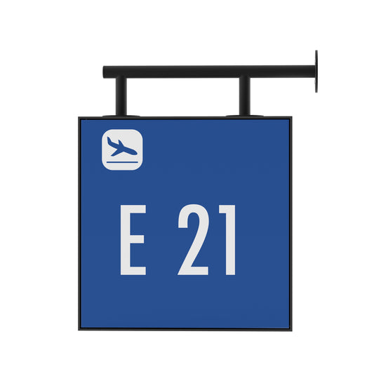 Signage Airport Gate E21 Blue 40x40cm