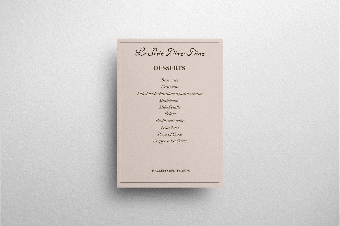 Prop Menú French Restaurant Le Petit Diaz 27.9x43.1cm