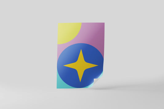 Print Abstract Circle & Star Blue Yellow Pink Illustration 40x60cm