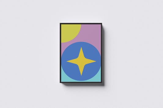 Print Abstract Circle & Star Blue Yellow Pink Illustration 40x60cm