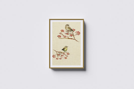 Print Animal Birds On Branches Yellow Vintage Paint 30x49.5cm