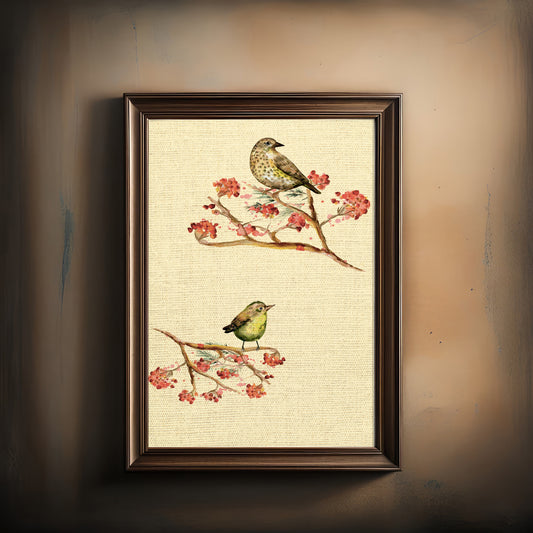 Print Animal Birds On Branches Yellow Vintage Paint 30x49.5cm