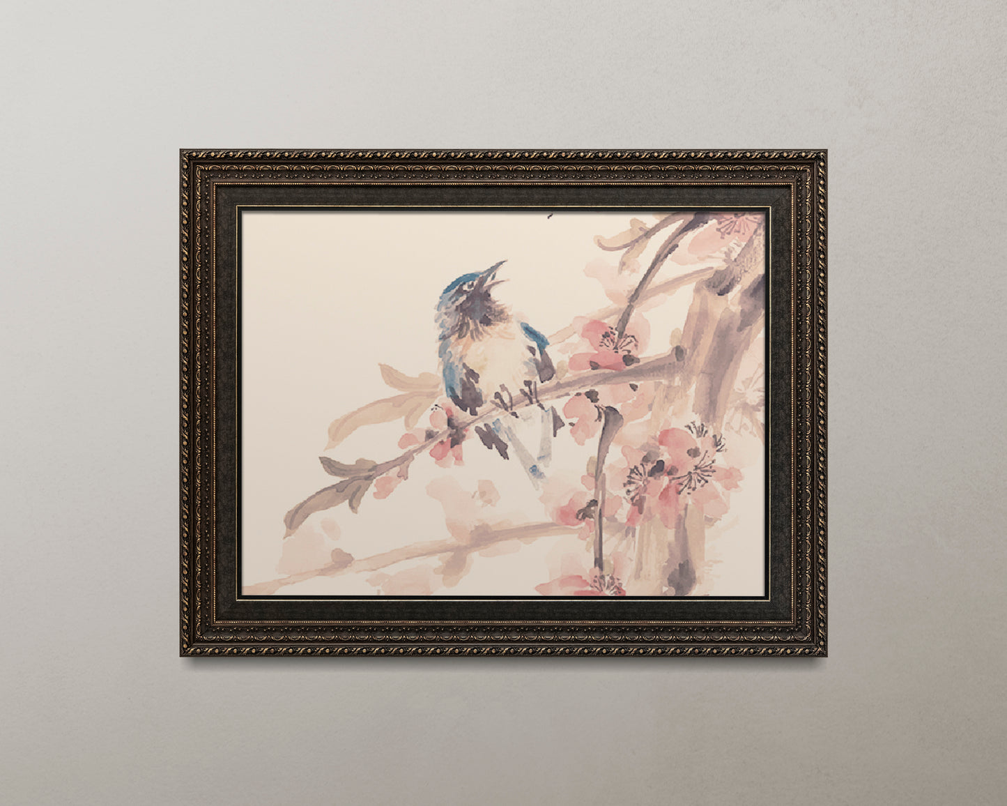 Print Animal Blue Bird Singing Watercolor Vintage Paint 22x17cm