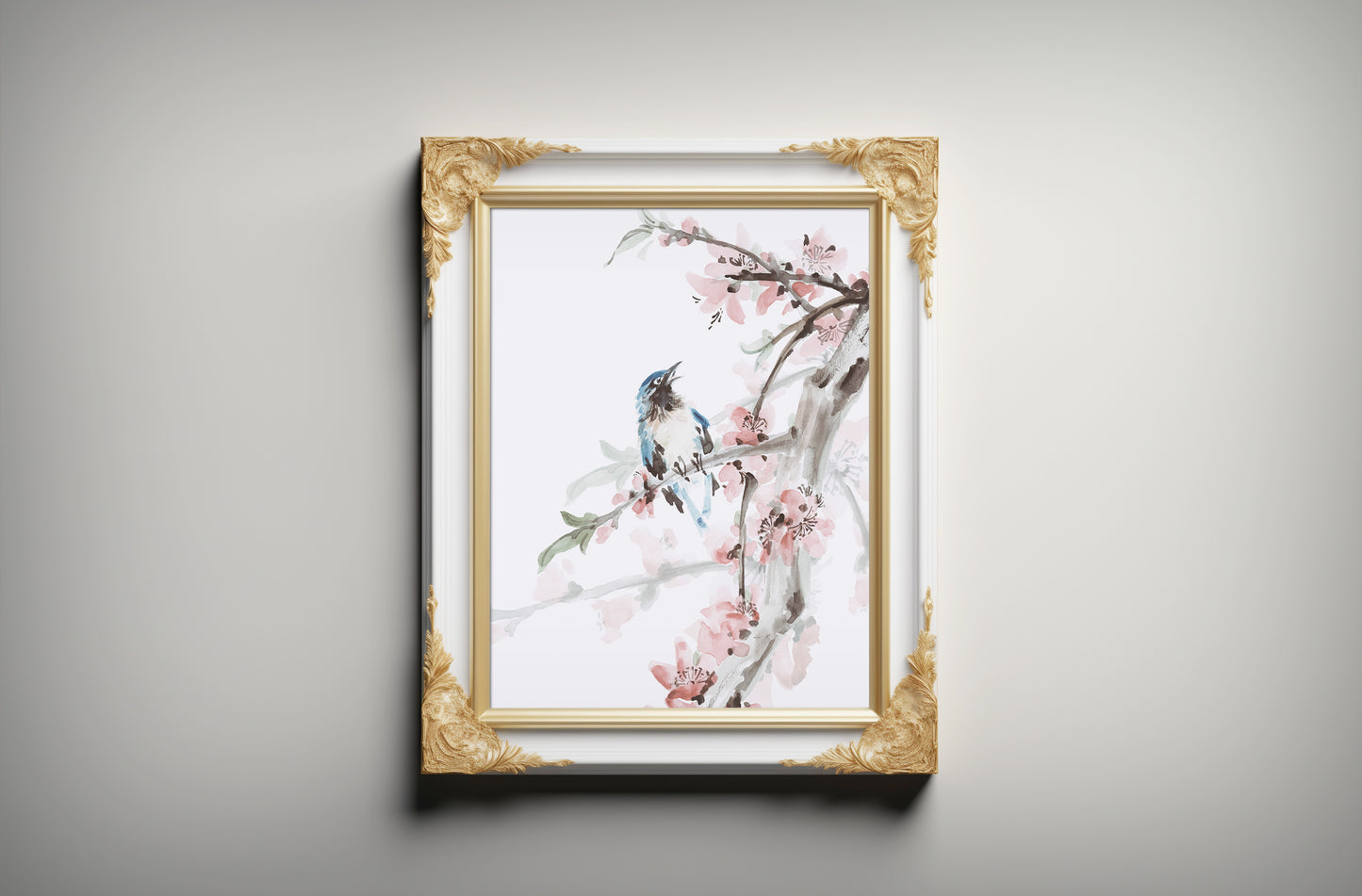 Print Animal Blue Bird Singing Watercolor White Vintage Paint 35x42cm