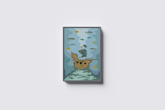 Print Boat Sunken Ship Cartoon Illustration 60x90cm