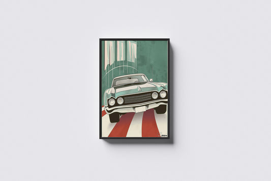 Print Sports Car Green Front View Retro Illustration 32x43cm