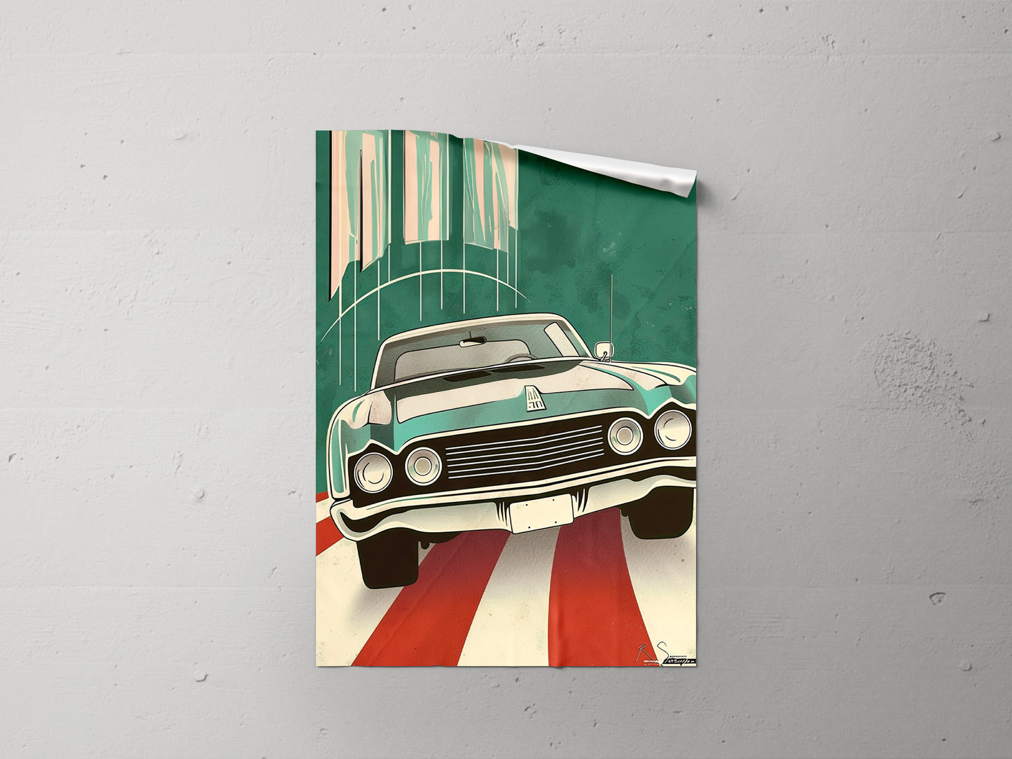 Print Sports Car Green Front View Retro Illustration 32x43cm
