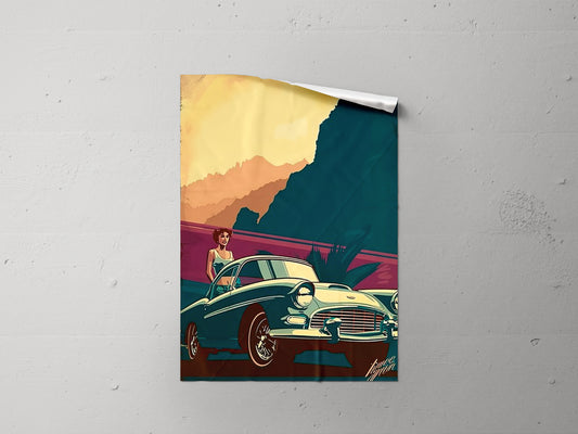 Print Sports Car Green Side View & Woman Retro Illustration 32x43cm