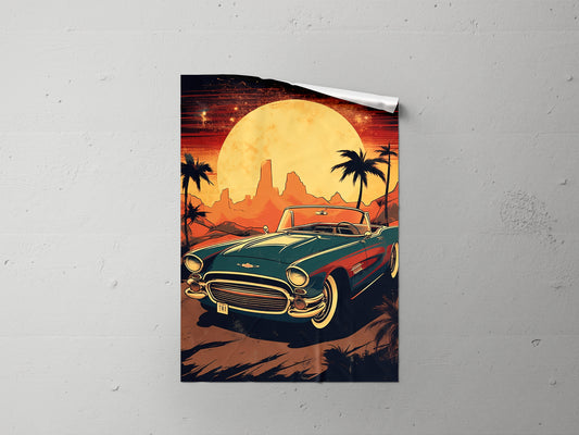 Print Sports Car Green Palms & Sun Retro Illustration 31x47cm