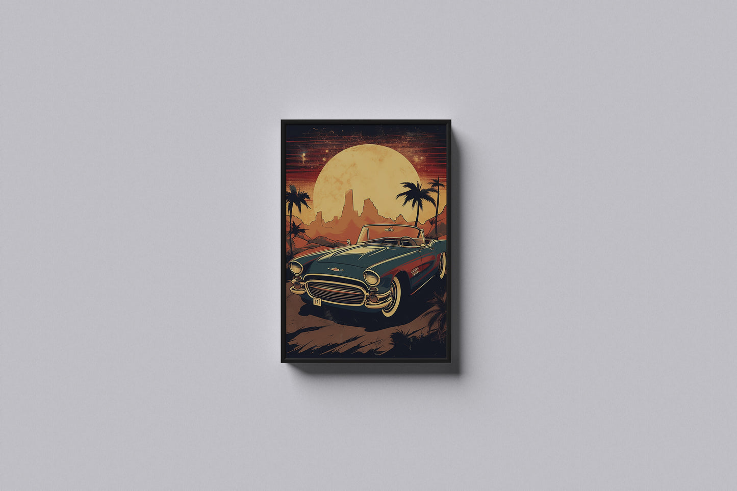 Print Sports Car Green Palms & Sun Retro Illustration 31x47cm