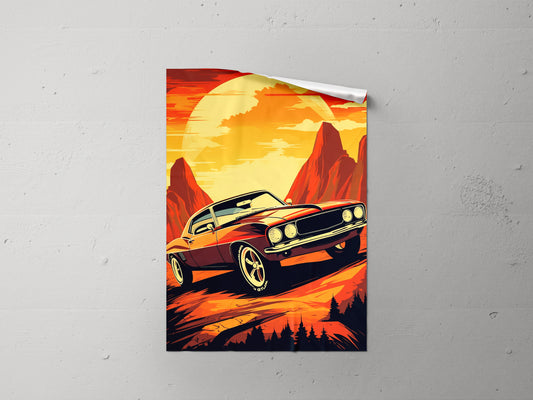 Print Sports Car Red Desert Retro Illustration 31x47cm