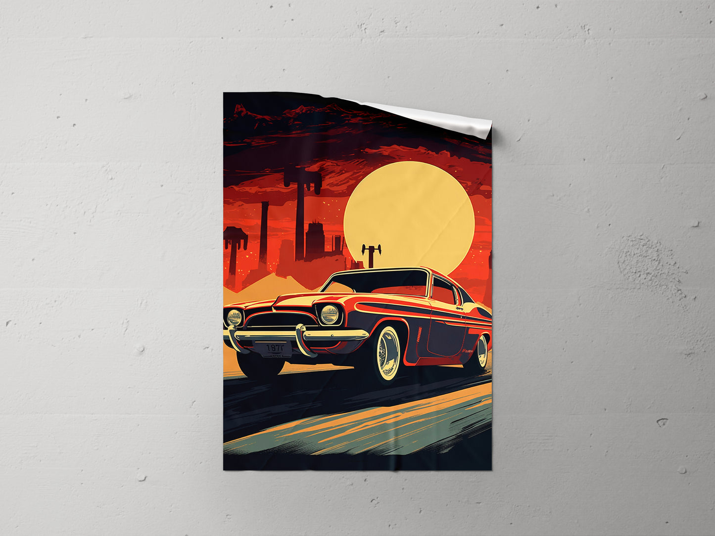 Print Sports Car Red Sky Retro Illustration 31x47cm