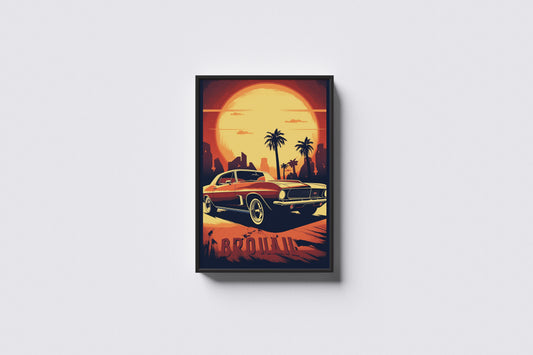 Print Sports Car Red Sky Palms Retro Illustration 31x47cm