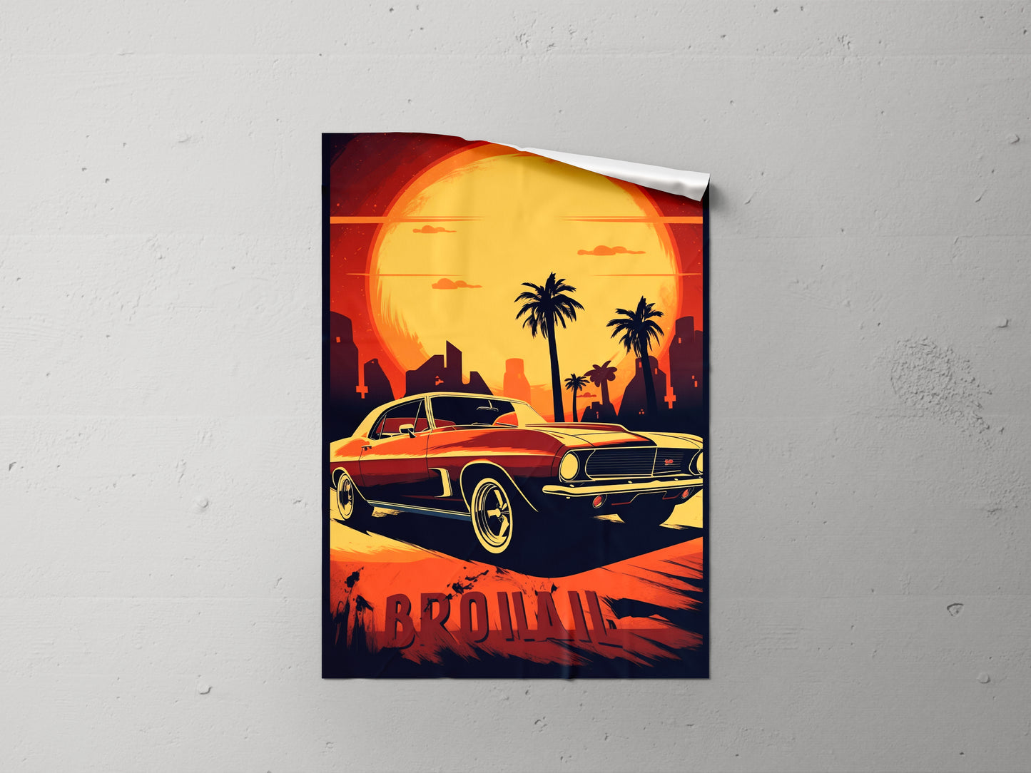 Print Sports Car Red Sky Palms Retro Illustration 31x47cm