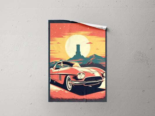 Print Sports Car Mountains Retro Illustration 31x47cm