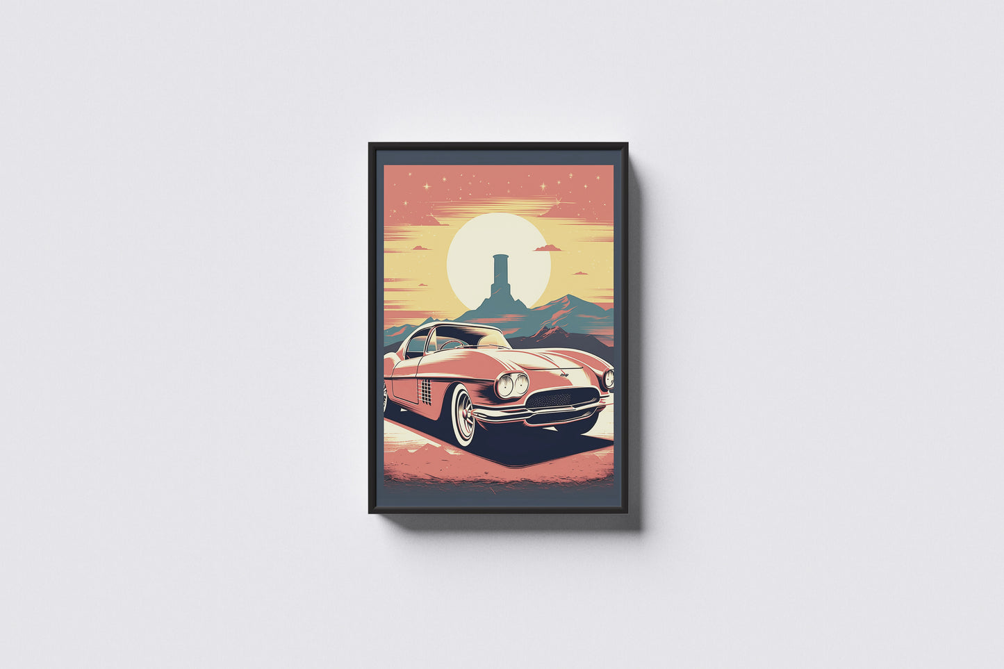 Print Sports Car Mountains Retro Illustration 31x47cm