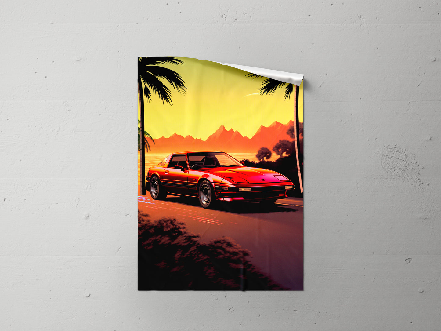 Print Sports Car Red Miami Retro Illustration 60x90cm