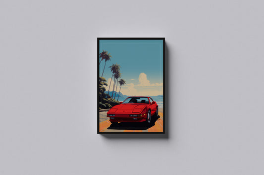 Print Sports Car Red Miami Beach Retro Illustration 60x90cm