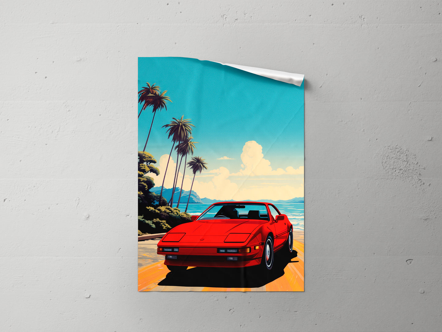 Print Sports Car Red Miami Beach Retro Illustration 60x90cm